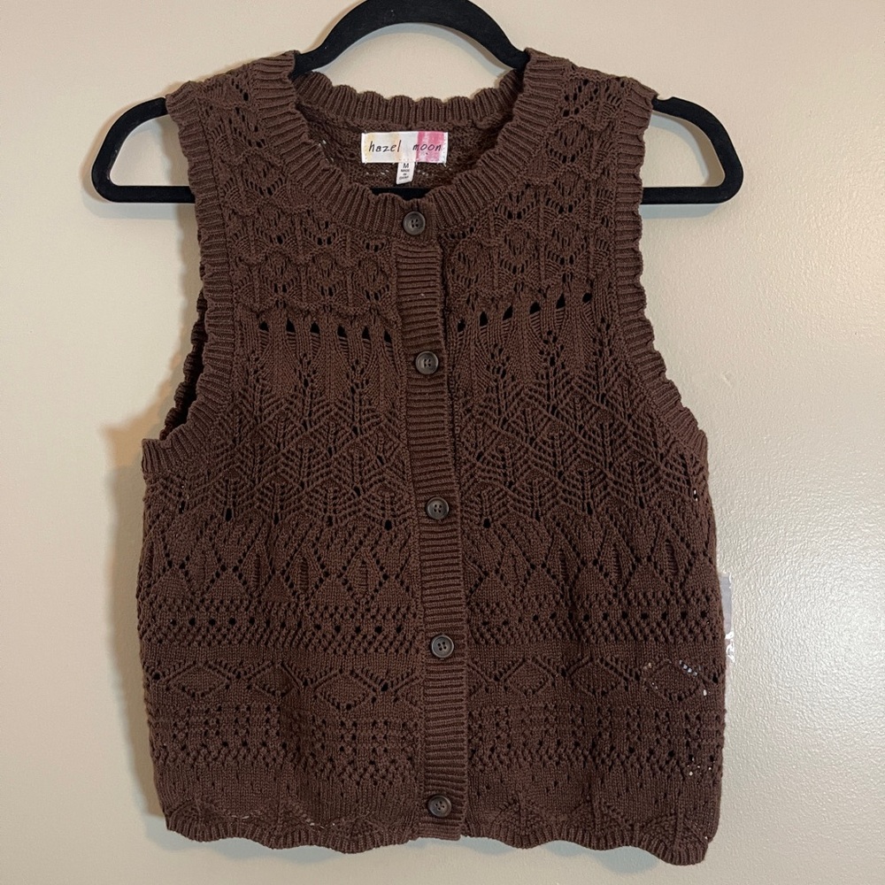 Hazel Moon Knit Vest Juniors M Brown Cottagecore Peasant Prairie Twee